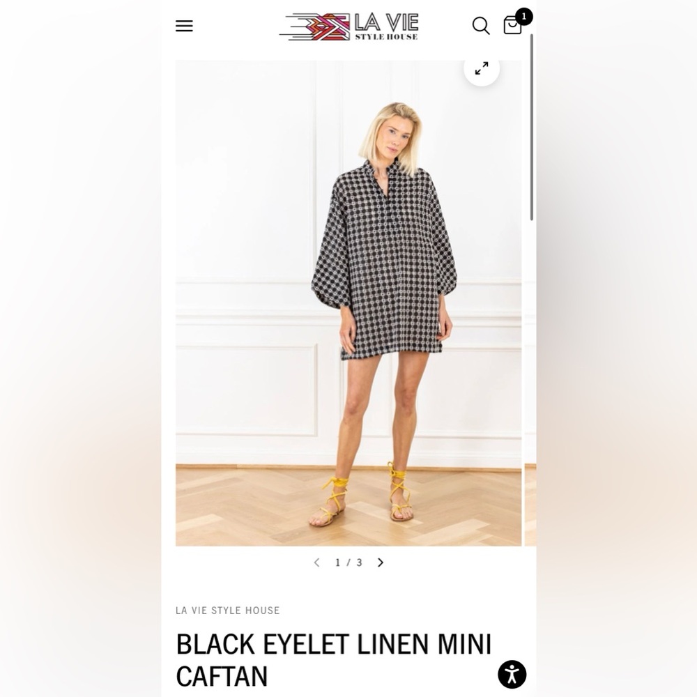 La Vie Black Eyelet Linen Mini Caftan Dress